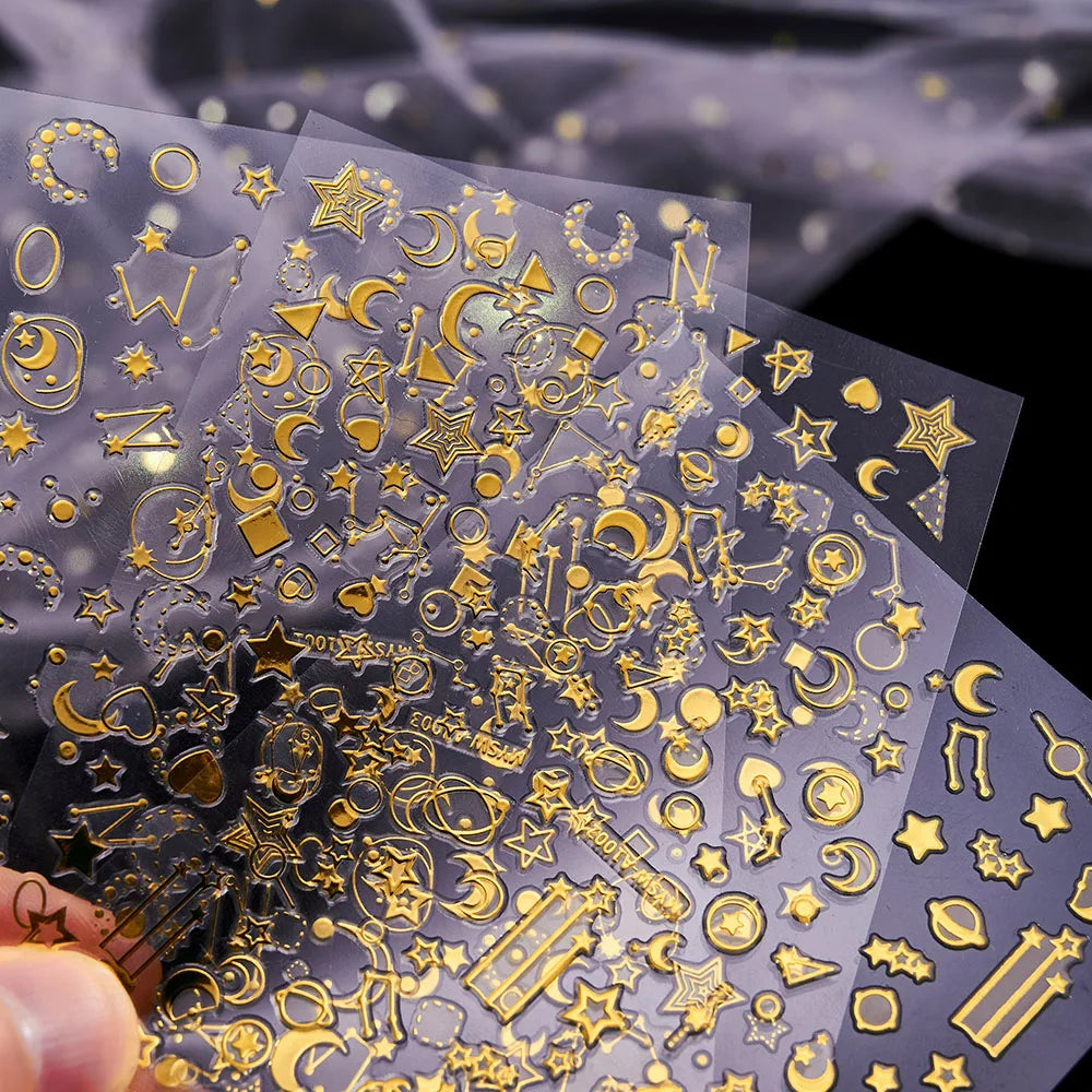 6 Sheets Moon/Star Nail Art Sticker Adhesive Gold Color Sticker Sheets Universal Constellation Shapes Sticker Art Decoration (ONLINE ORDER ONLY)