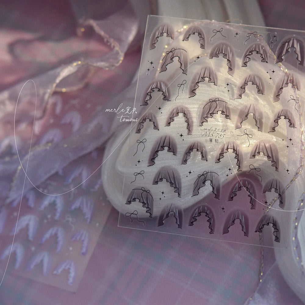 French Skirt Hem Halo Dyeing Purple Pink White Hemline Bowknot Wedding Veil Dreamy Star Adhesive Nail Art Sticker Manicure Decal (ONLINE ORDER ONLY)