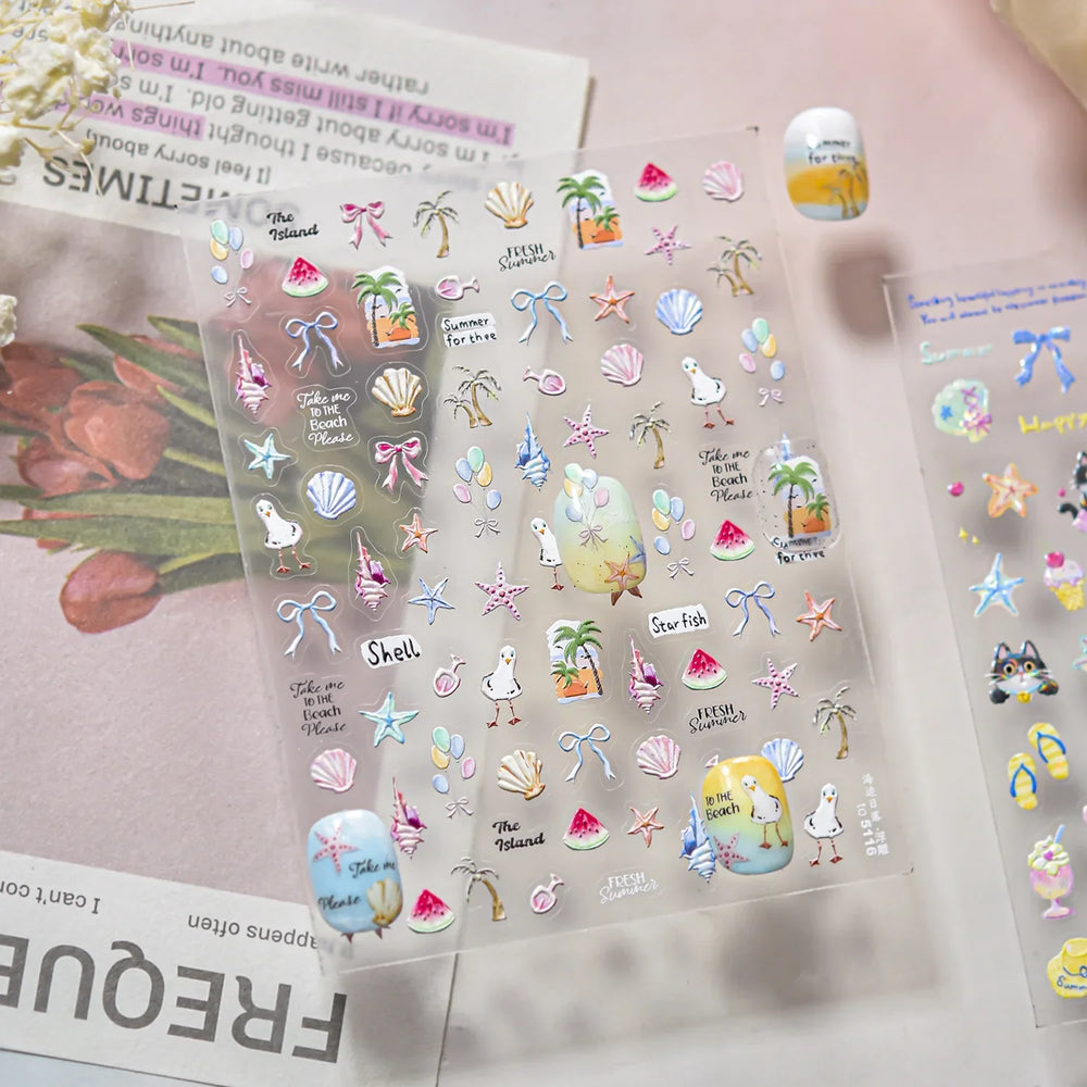 Summer Beach Bikini Watermelon Duck Cat Ice Cream Shell Coconut Tree Cherry Starfish Sunglasses Nail Art Sticker Manicure Decals (ONLINE ORDER ONLY)