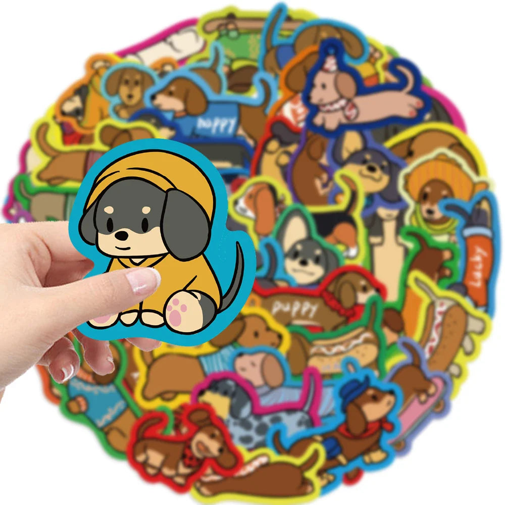 50Pcs Cartoon Dachshund Graffiti Stickers for DIY Desk Guitar Computer Refrigerator Creative Sausage Dog Waterproof Sticker﻿ (ONLINE ORDER ONLY)