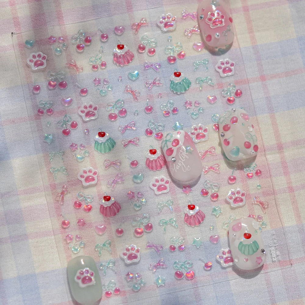 Lovely Green Pink Cherry Pudding Claw Paw Love Heart Bowknot Soft Embossed Reliefs Adhesive Nail Art Stickers Manicure Decals (ONLINE ORDER ONLY)
