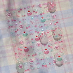 Lovely Green Pink Cherry Pudding Claw Paw Love Heart Bowknot Soft Embossed Reliefs Adhesive Nail Art Stickers Manicure Decals (ONLINE ORDER ONLY)