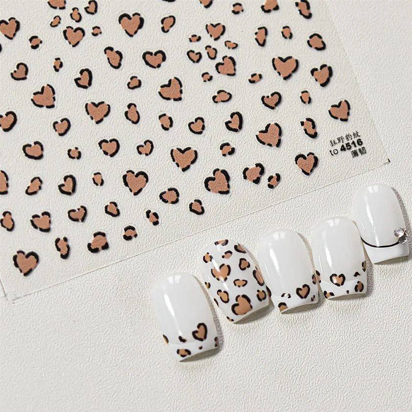 Flat Small Pink Brown Halo Dyeing Love Heart Geometric Leopard Shiny Jelly Chic Embossed Relief Nail Art Stickers Manicure Decal (Online Order Only)