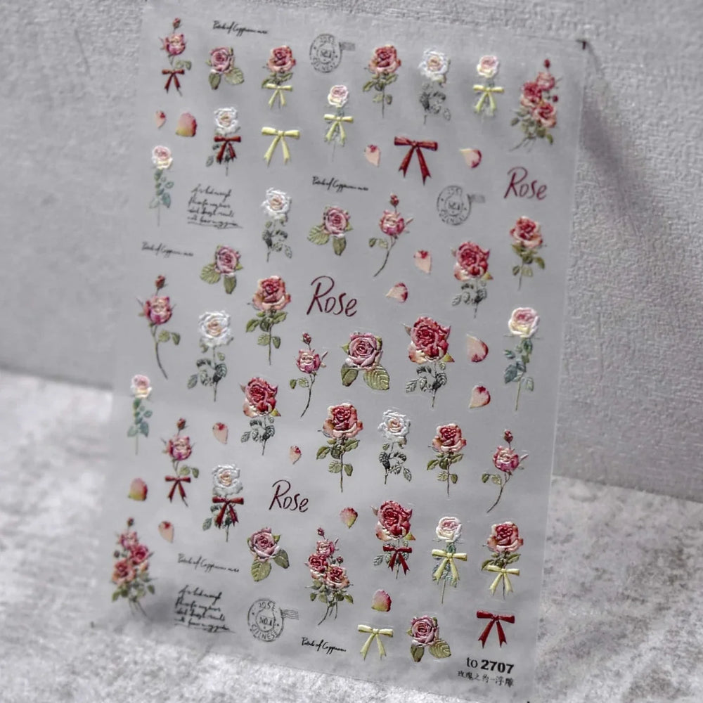 Retro Rose Flowers Bowknot Petal Romantic 5D Soft Embossed Relief Self Adhesive Nail Art Decoration Stickers 3D Manicure Decals (ONLINE ORDER ONLY)