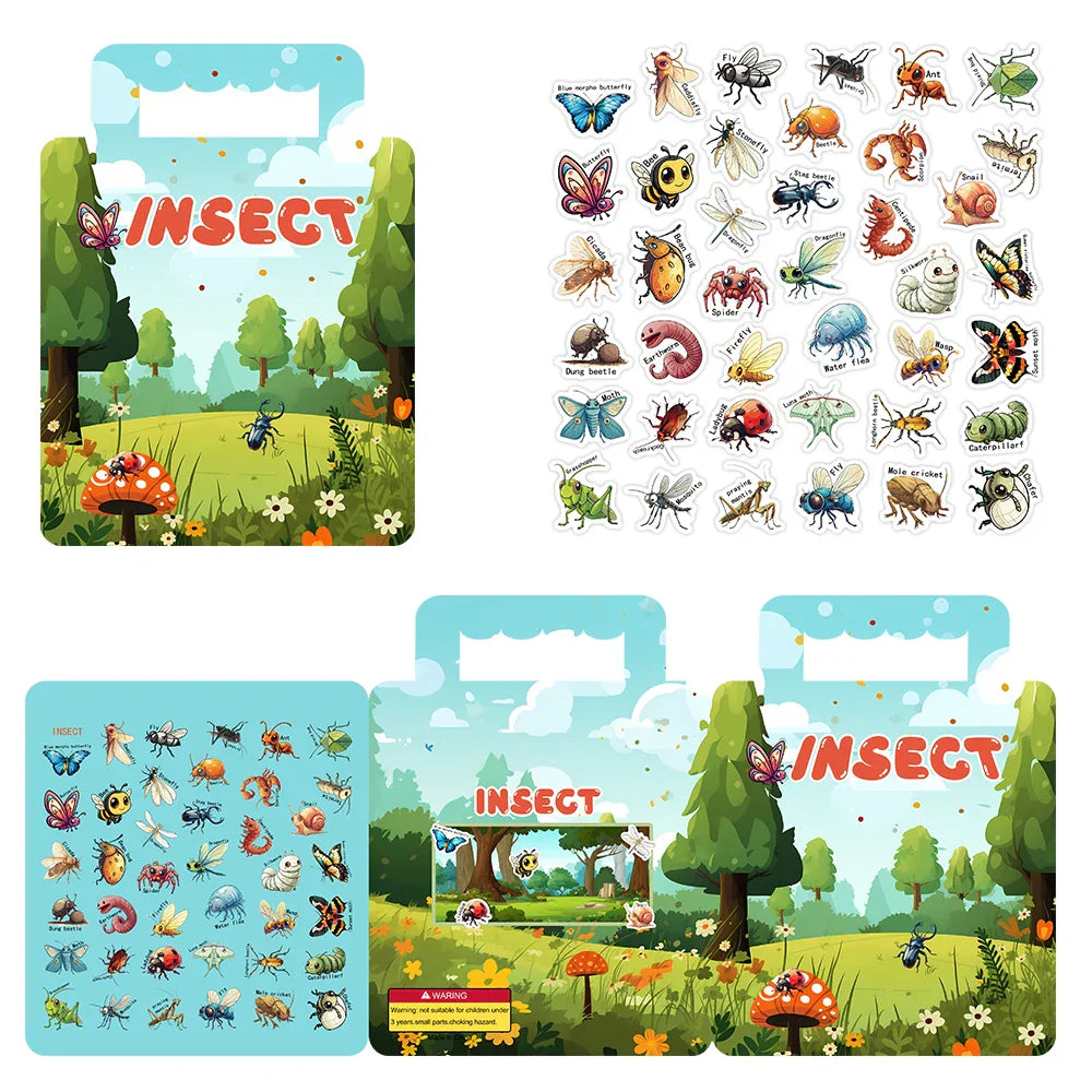 40PCS Insect Reusable Stickers Puzzle Game Cartoon Animal Learning Toys for Kids (Online Order Only)