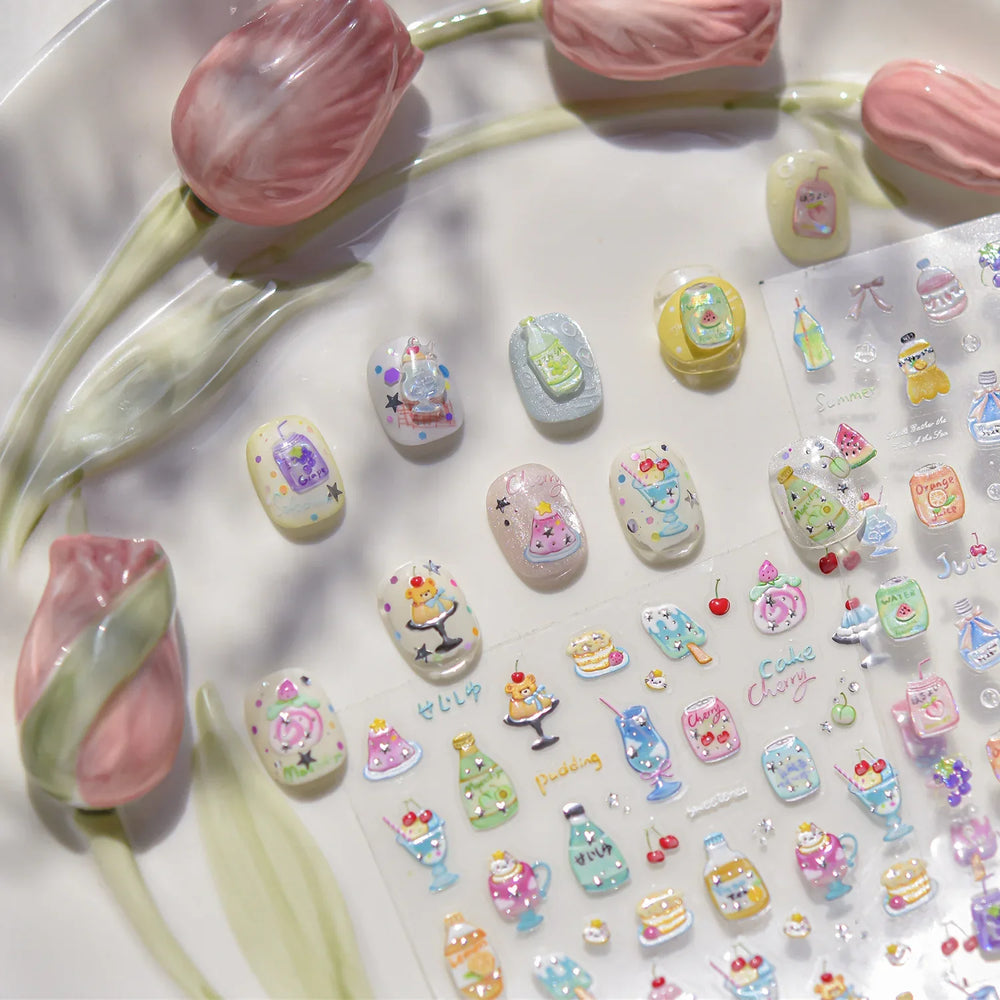 Soda Fruit Beverage Bottle Bear Watermelon Popsicle Dessert Ice Cream Cat Cherry Strawberry Bow Summer Nail Art Stickers Decals (ONLINE ORDER ONLY)