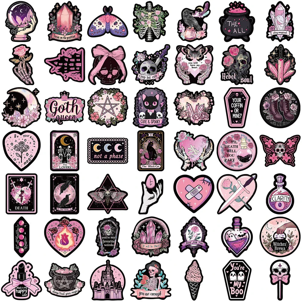 10/30/50pcs Cool Cartoon Black and Pink Gothic Stickers Aesthetic Decals DIY Laptop Notebook Phone Car Fridge Decoration Sticker (Online Order Only)