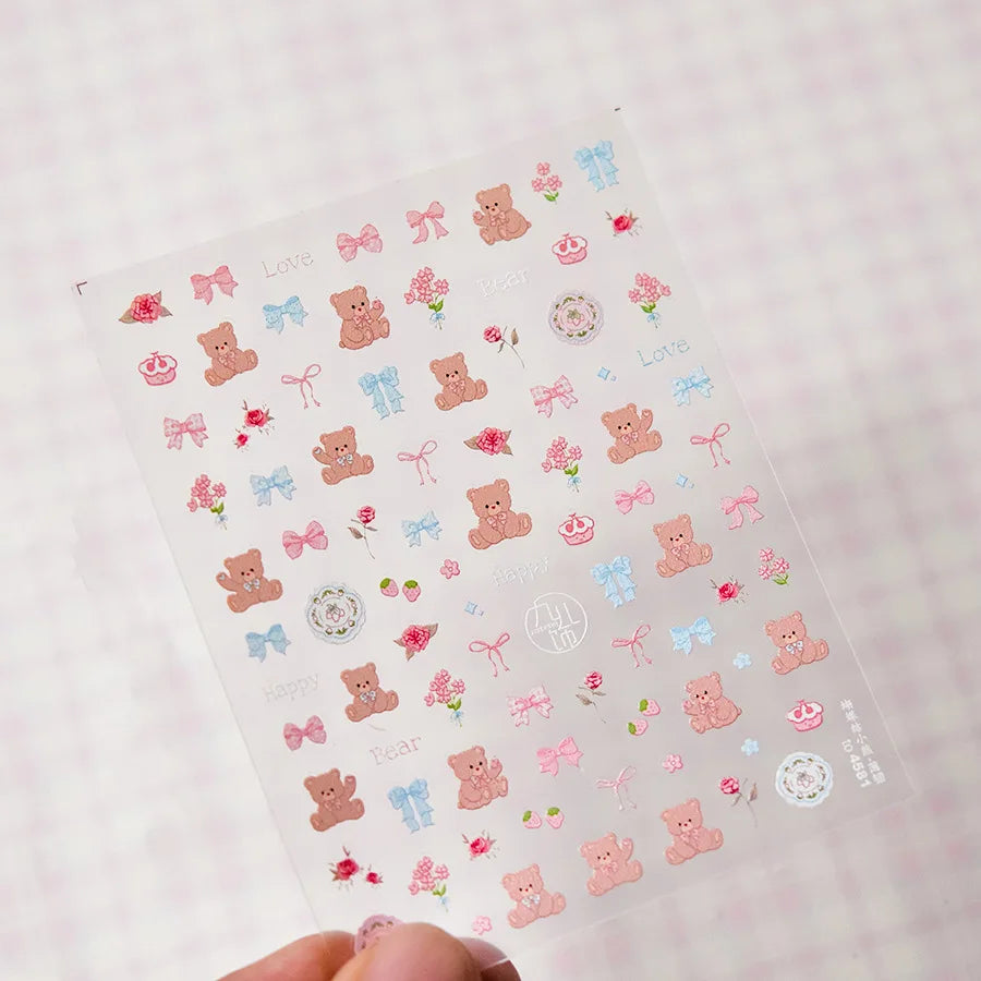 Charming Cherry's Cake Cute Bowknot Pink Blue Bear Flower Bouquet Strawberry Adhesive Nail Art Sticker Rhinestone Manicure Decal (Online Order Only)
