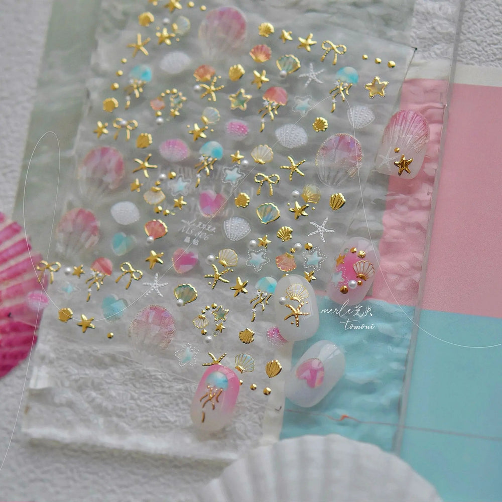 Halo Dyeing Ocean Shell Conch Starfish Pearl Love Heart Bowknot Jellyfish Adhesive Nail Art Stickers Manicure Decals Wholesale (ONLINE ORDER ONLY)