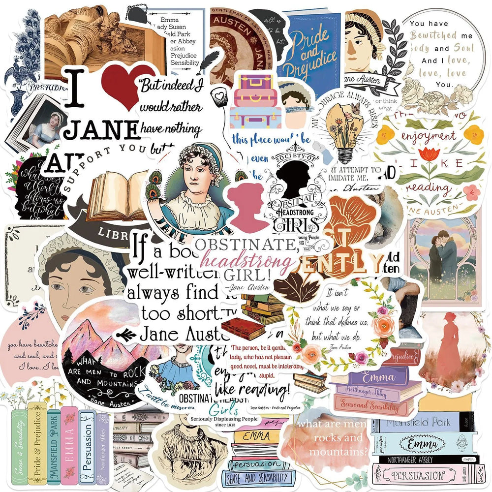 10/50pcs Novelist Jane Austen Stickers Classic Novel Phrase Decals Scrapbooking Diary Travel Luggage Phone Waterproof Sticker (Online Order Only)
