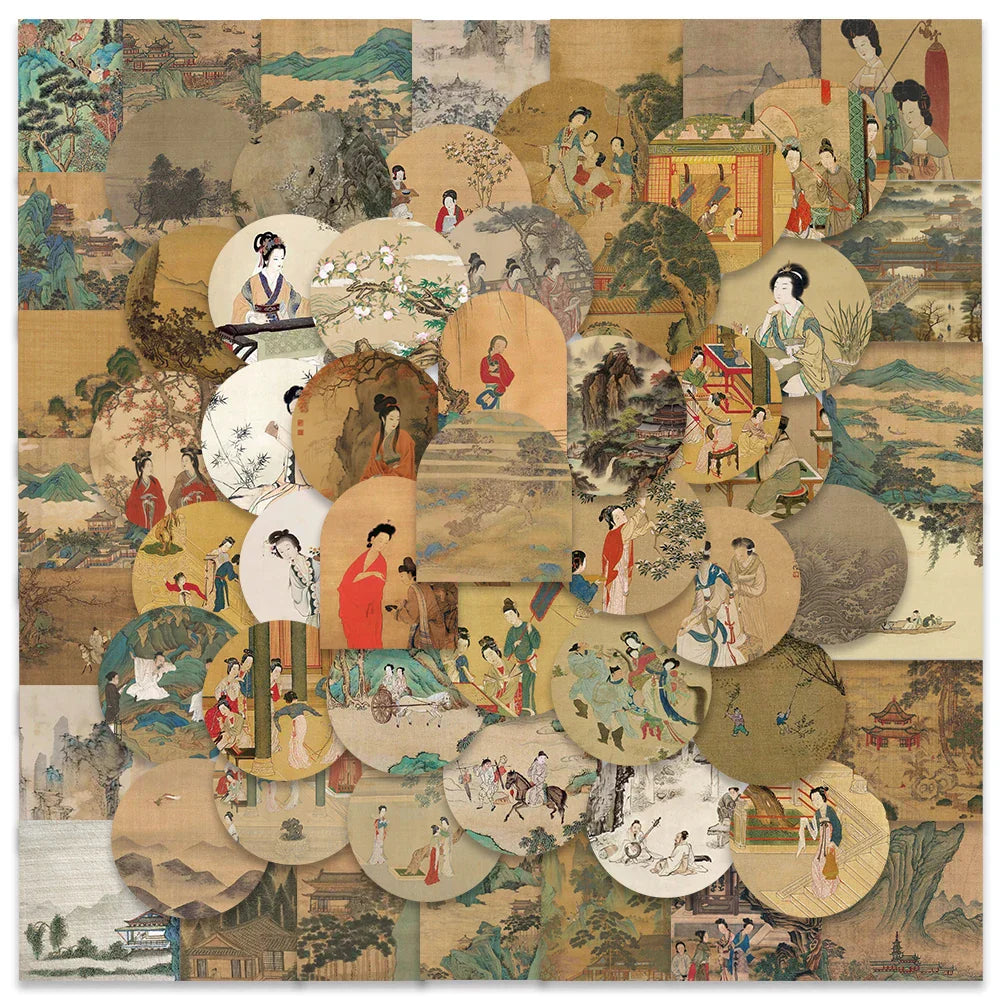 Vintage Landscape Lady Painting Stickers - 61PCS Decal Set for Laptop, Motorcycle, Luggage, Skateboard (Online Order Only)