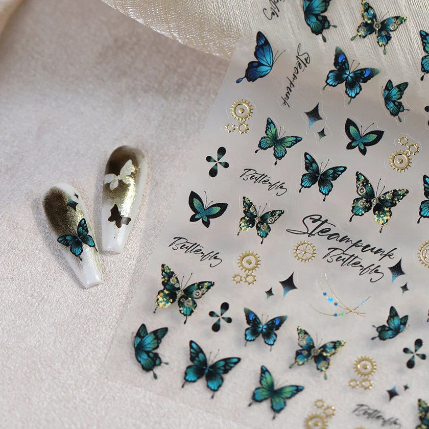 Steam Punk Butterfly Gear Green Star Gold Stamping Self Adhesive Nail Art Decoration Stickers Illusion Polarized Manicure Decals (ONLINE ORDER ONLY)