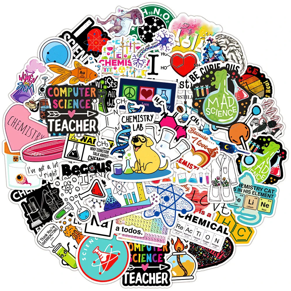 10/30/50pcs Cartoon Science Chemistry Biology Laboratory Waterproof Stickers Decals DIY Laptop Suitcase Diary Decoration Sticker (ONLINE ORDER ONLY)
