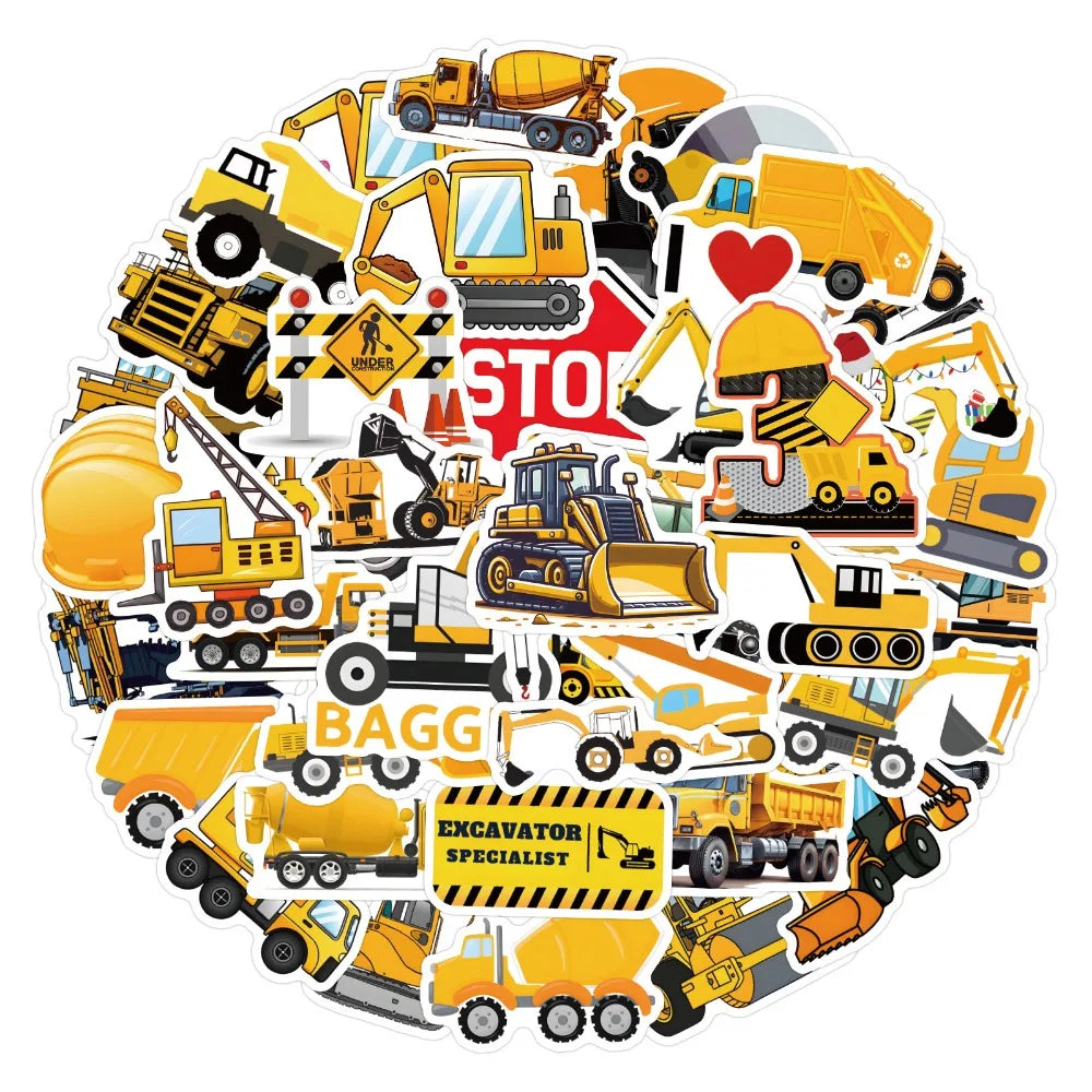 10/55Pcs Cartoon Large Mechanical Vehicle Excavator Construction Truck Waterproof Creative Tractor Bulldozer Graffiti Toy Decals (ONLINE ORDER ONLY)