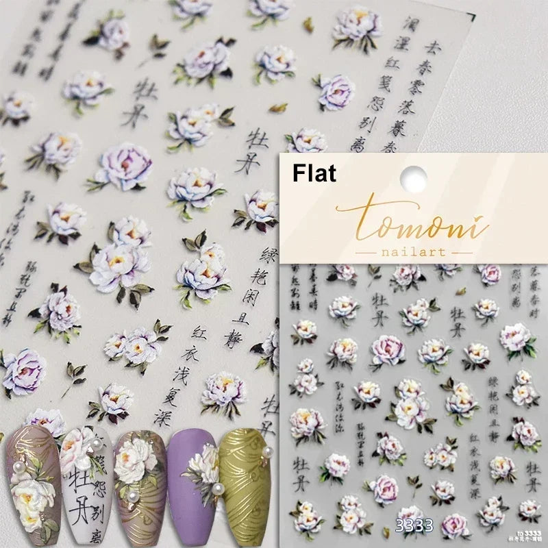 Pale Flower Bouquet Label Bowknot Stationery Sunflower Daisy Leaf 3D Self Adhesive Nail Art Stickers Rhinestone Manicure Decals (Online Order Only)