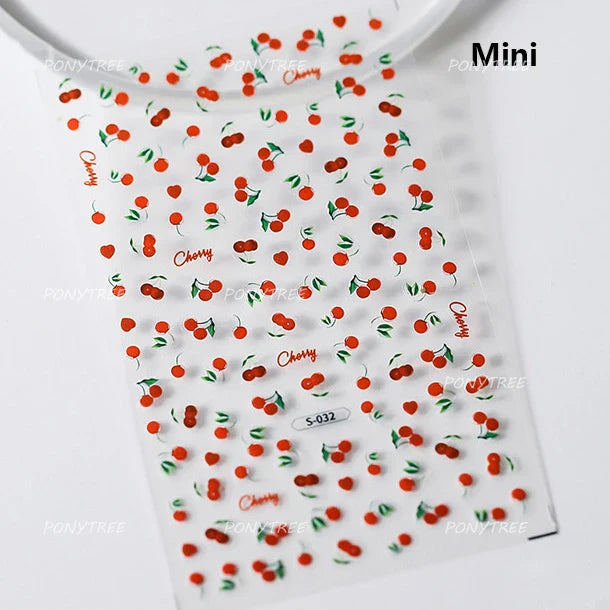 Colourful Cherry Abundant Fruits Bowknot Shiny White Line Outline Self Adhesive Nail Art Stickers Chic Rhinestone Manicure Decal (ONLINE ORDER ONLY)