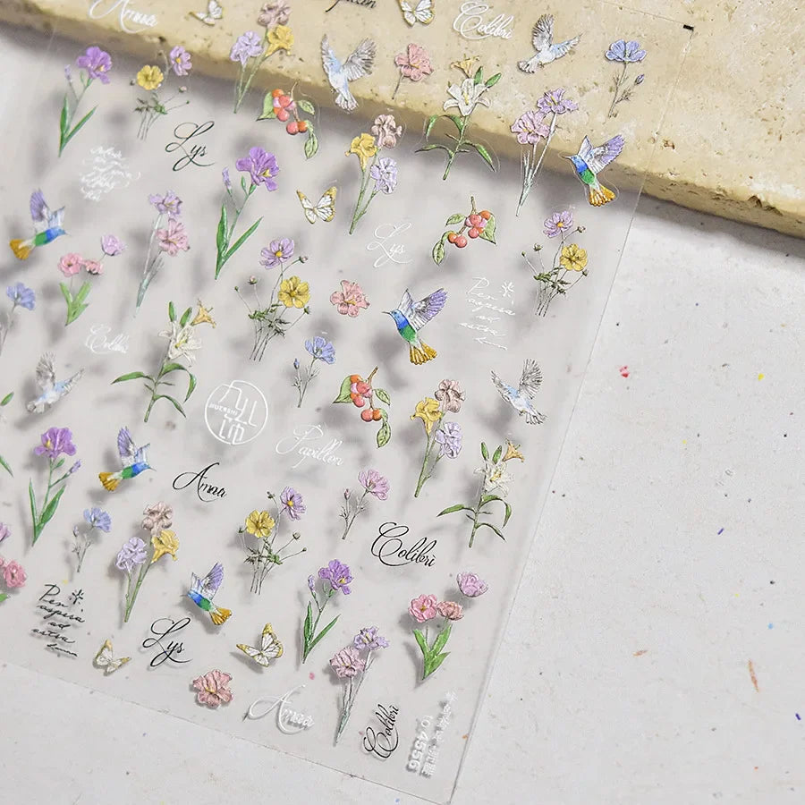Hummingbird Iris Butterfly Peony Rose Tulip Daisy Lily Flowers Morning Glory Pearl Rhinestones Nail Art Sticker Decoration Decal (ONLINE ORDER ONLY)