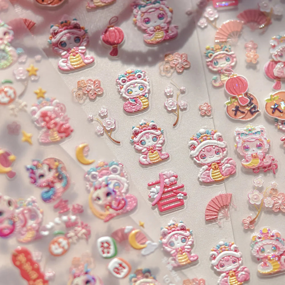 Auspicious Peach Blossom Snake Fan Flower The Spring Festival Tiger Head Adhesive Nail Art Stickers Red Lantern Manicure Decals (Online Order Only)