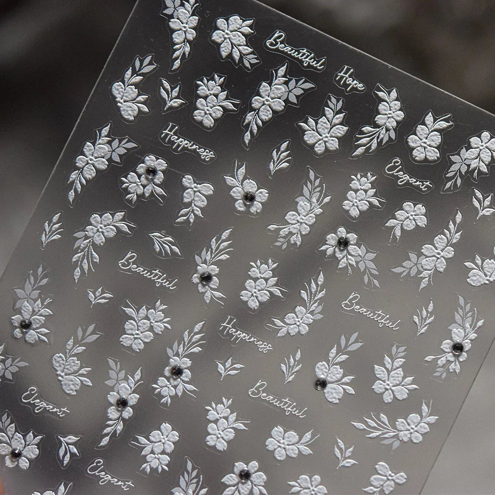 Wet Garden White Flower Leaves Elegant Beautiful Petal Delicate 5D 3D Charming Spring Adhesive Nail Art Stickers Manicure Decals (ONLINE ORDER ONLY)