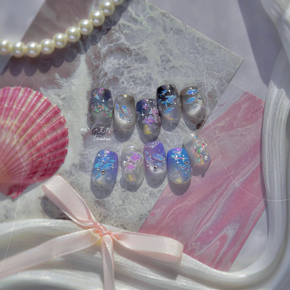 Colorful Shoal of Fish Whale Ocean Shell Conch Starfish Summer Sea Jellyfish Bubble Nail Art Decoration Sticker Manicure Decals (ONLINE ORDER ONLY)