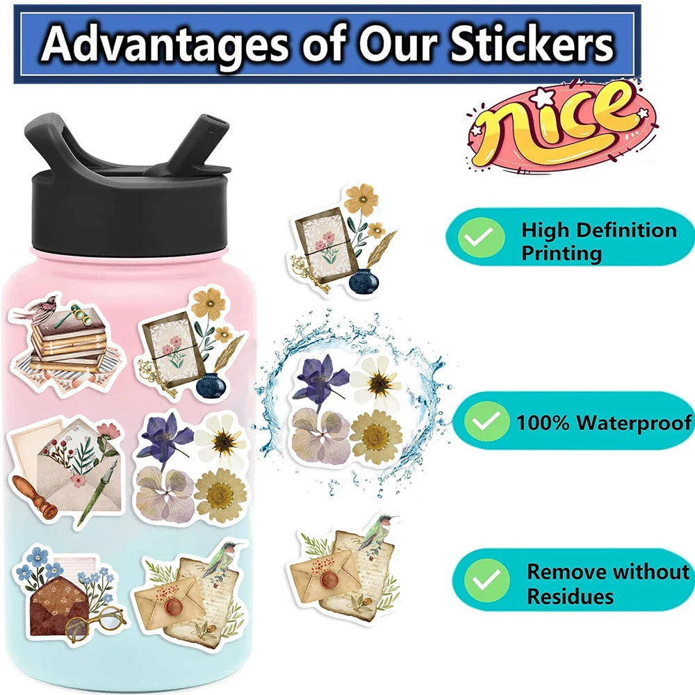 50pcs Time Secret Love Retro Notebook Sticker Aesthetics Cartoon Decals Waterproof Stickers Pack Party Decoration Gift Toys (ONLINE ORDER ONLY)