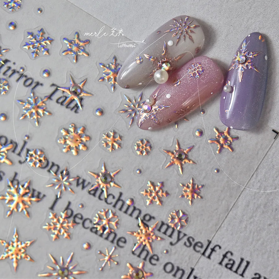 Winter Christmas Crystal Delicate Hexagon Romantic Laser Silver Chic Snowflakes Self Adhesive Nail Art Sticker 5D Manicure Decal (ONLINE ORDER ONLY)