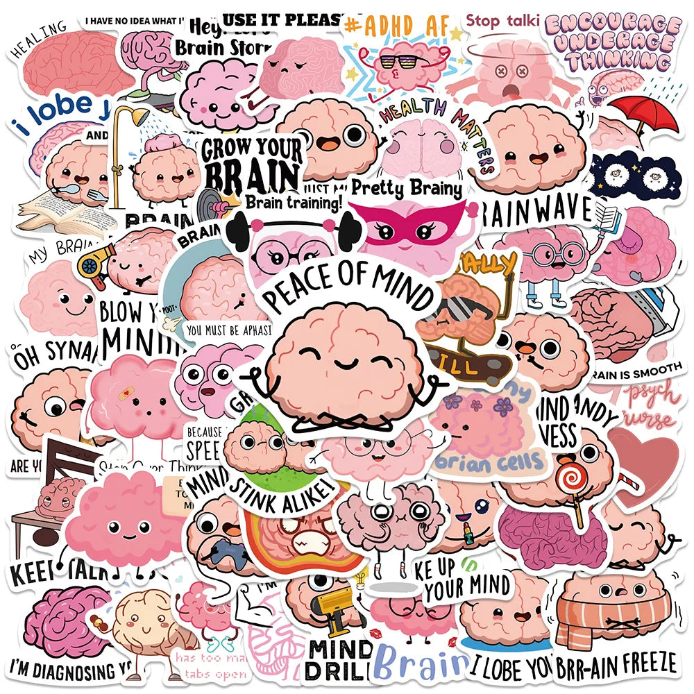 50PCS Pink Brain Cartoon Stickers Vinyl for Fridge Skateboard Laptop Motorcycle Car Gift (Online Order Only)