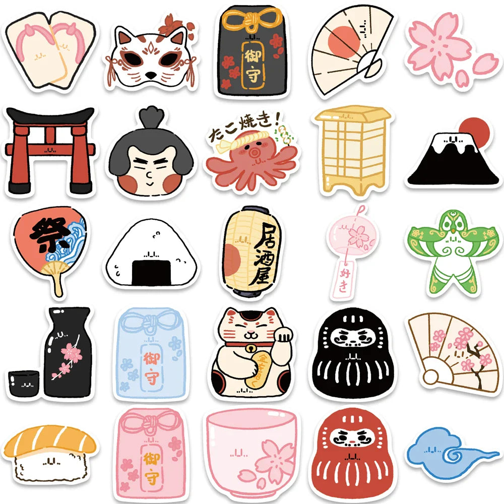 50Pcs Japanese Style Stickers Peace Amulet Carp Streamer Aesthetic Decals Graffiti Stickers Waterproof Skateboard Laptop Kid Toy (ONLINE ORDER ONLY)