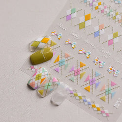 French Style Colorful Square Grid Rhombus Stripe Bowknot Line 3D Self Adhesive Nail Art Stickers Shiny Rhinestone Manicure Decal (Online Order Only)