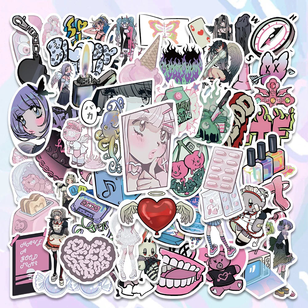 60PCS Pink Kawaii Y2K Gothic Anime Stickers Cute Aesthetic Decals for Phone Laptop Car (Online Order Only)