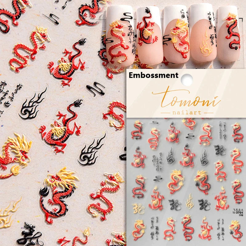 Retro Embroidered Dragon Red Pink Blue White Porcelain Chinese 3D Embossed Relief Self Adhesive Nail Art Stickers Manicure Decal (ONLINE ORDER ONLY)