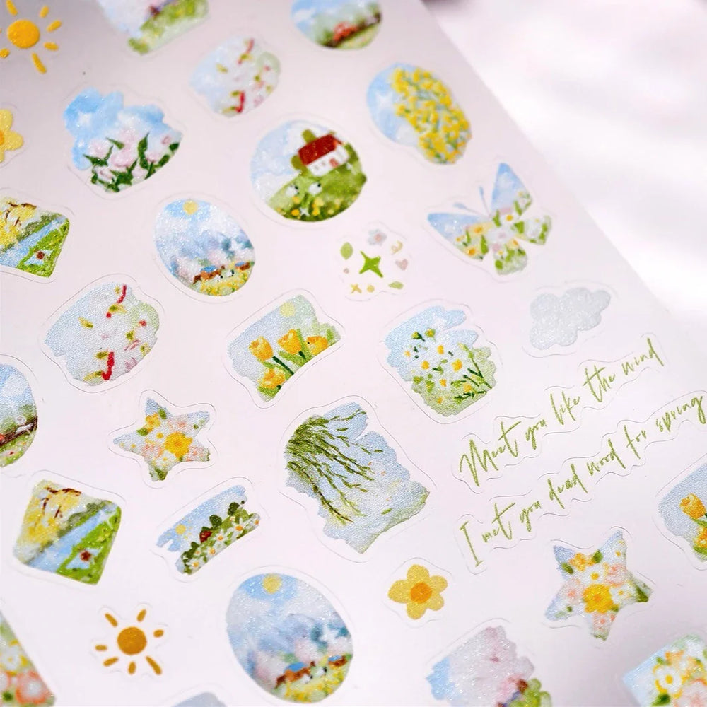 Painting Sketch Tulip Daisy Willows Scenery Daisy Colorful Flowers Sun Star Butterfly Wicker 3D Nail Art Stickers Manicure Decal (ONLINE ORDER ONLY)