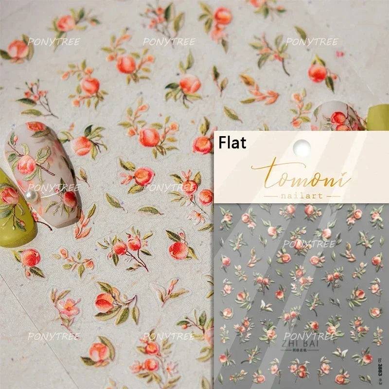 Strawberry Cherry Loquat Longan Peach Grapes Plant Red Bean Fruit Flat Realistic Painting 3D Nail Art Stickers Manicure Decals (ONLINE ORDER ONLY)