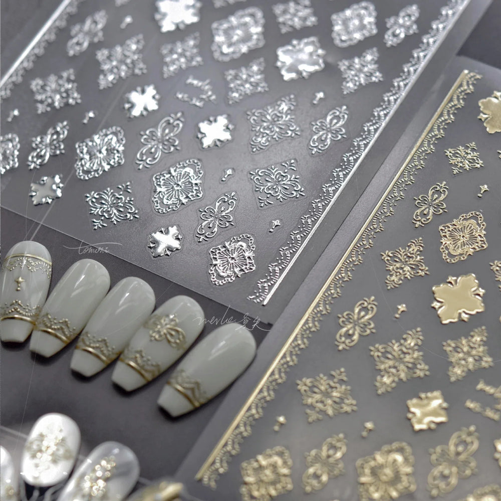 Gold Stamped Silver Totems Geometric Patterns Figure 5D Self Adhesive Nail Art Stickers Stars Bohemia Manicure Decals Wholesale (Online Order Only)