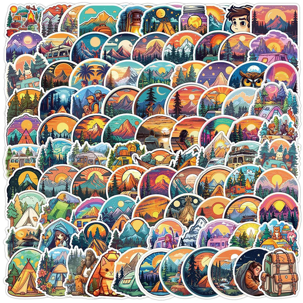 Funny Outdoor Hiking Camping Stickers - 10/30/50/100pcs Cartoon Graffiti Decals for Laptop, Phone, Suitcase (Online Order Only)