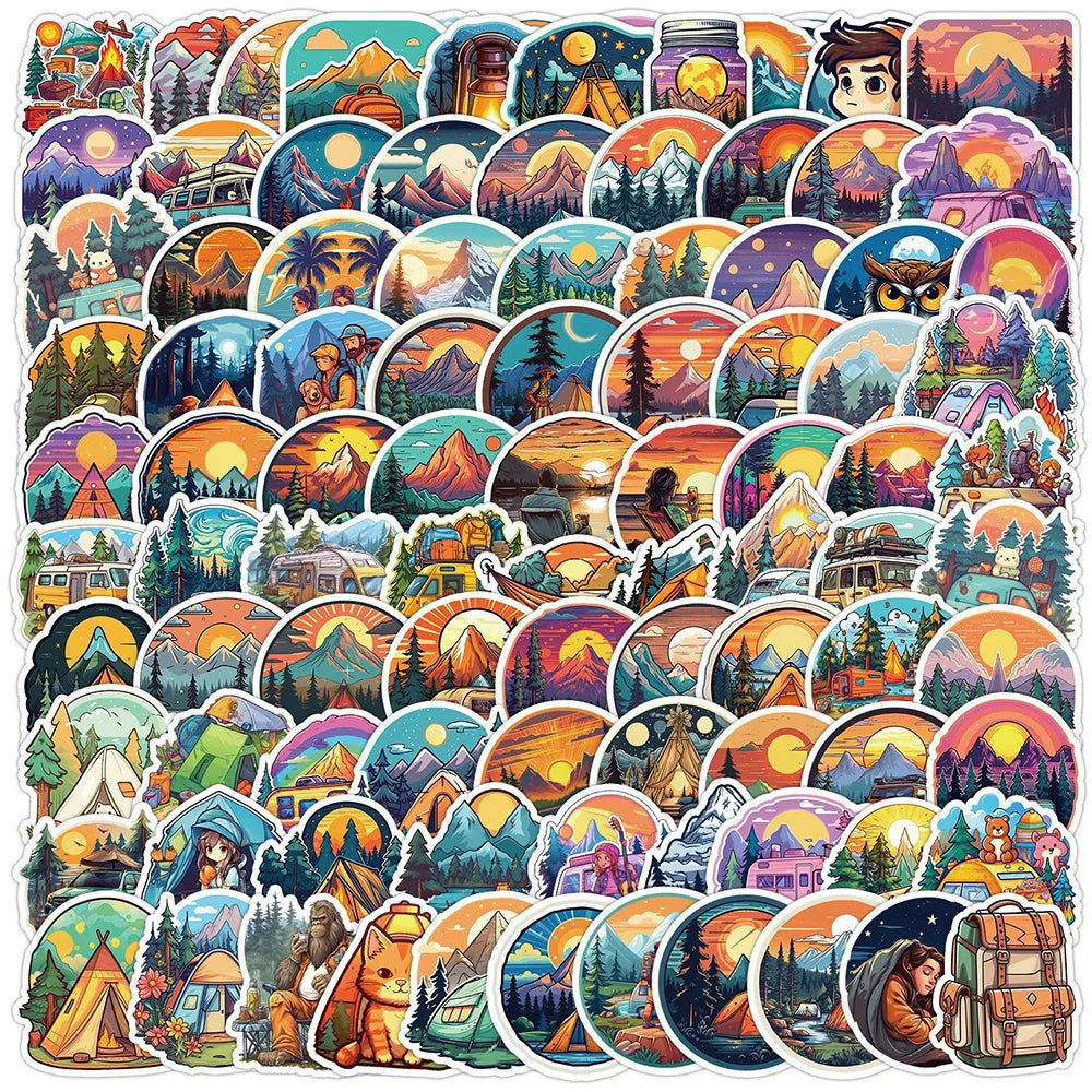Funny Outdoor Hiking Camping Stickers - 10/30/50/100pcs Cartoon Graffiti Decals for Laptop, Phone, Suitcase (Online Order Only)