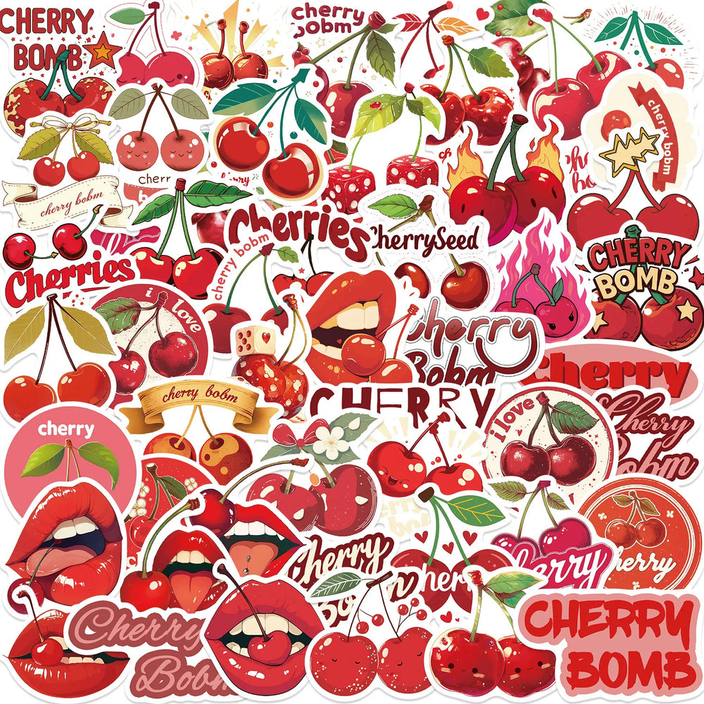 50PCS Red Cherry Graffiti Stickers For Notebook Water Cup Suitcase Guitar Scrapbook Waterproof PVC Classic Decal Decorate (ONLINE ORDER ONLY)