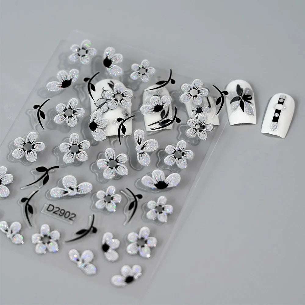 10pcs/Set Sparkling Silvery Floral Nail Art Stickers Self-Adhesive Glittery 5D Hibiscus & Cherry Blossom Decals for Manicure DIY (Online Order Only)