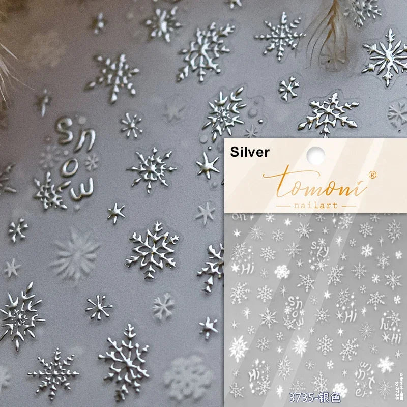 Dressy Embossment Colorful Gradient Snowflakes Laser Silver Christmas Tree Winter Bowknot Santa Nail Art Stickers Manicure Decal (Online Order Only)