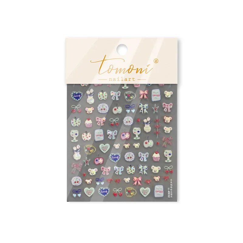 Cute Lucky Bear Apple Core Star Bowknot Flower Delicious Cookies Cherry Cake Dessert Milk Vase Adhesive Nail Art Stickers Decals (ONLINE ORDER ONLY)