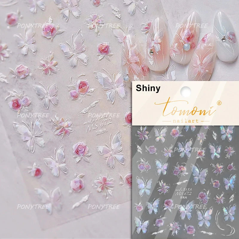 Gradual Asymmetric Butterfly Rose Flower Moon Ancient Poem 5D Reliefs Self Adhesive Nail Stickers JellyManicure Decals Wholesale (Online Order Only)