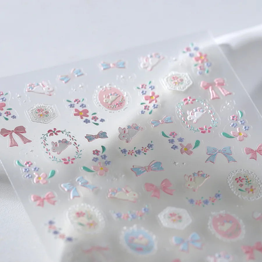 Pink Running Rabbit Bowknot Wreath Bunny Flower Tie Totem Pattern Self Adhesive Nail Art Sticker Pearl Rhinestone Manicure Decal (Online Order Only)