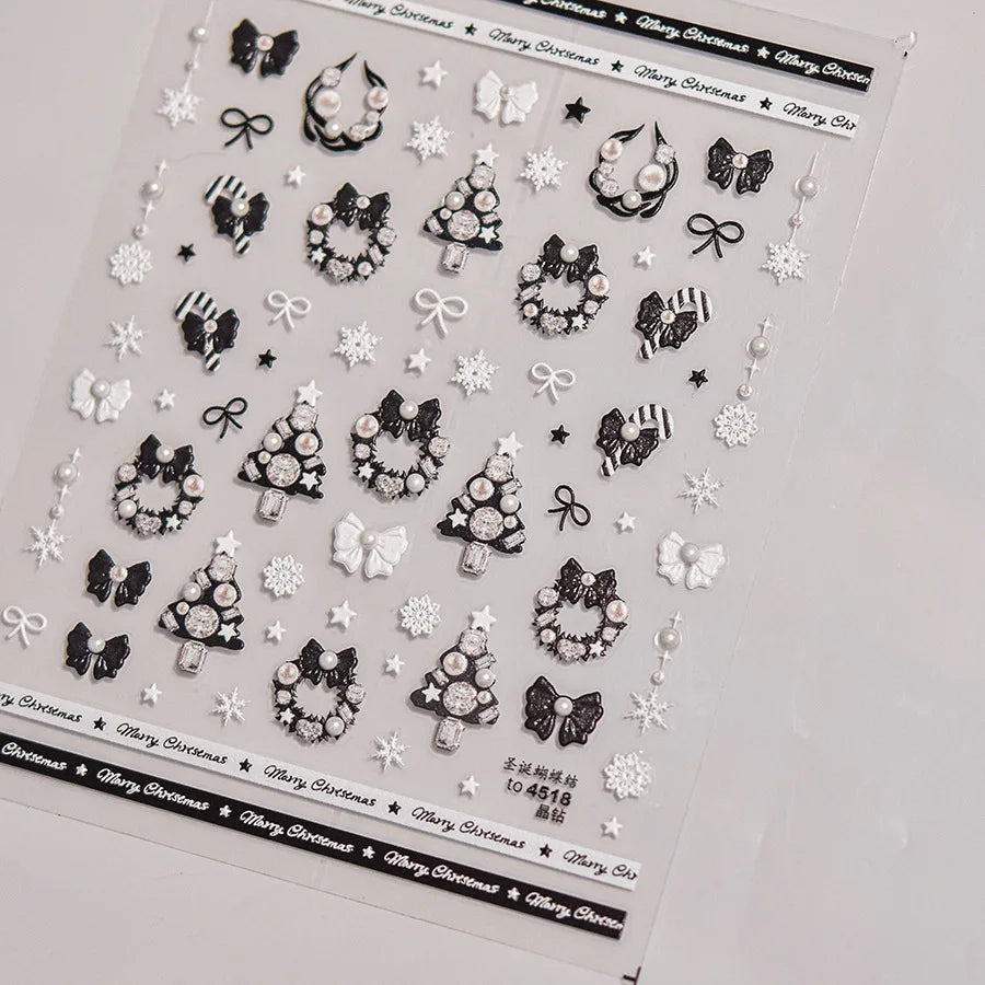 Black White Christmas Tree Snowflake Bowknot Snowman Socks Star Santa Hat Deer Rhinestone Winter Nail Art Sticker Manicure Decal (Online Order Only)