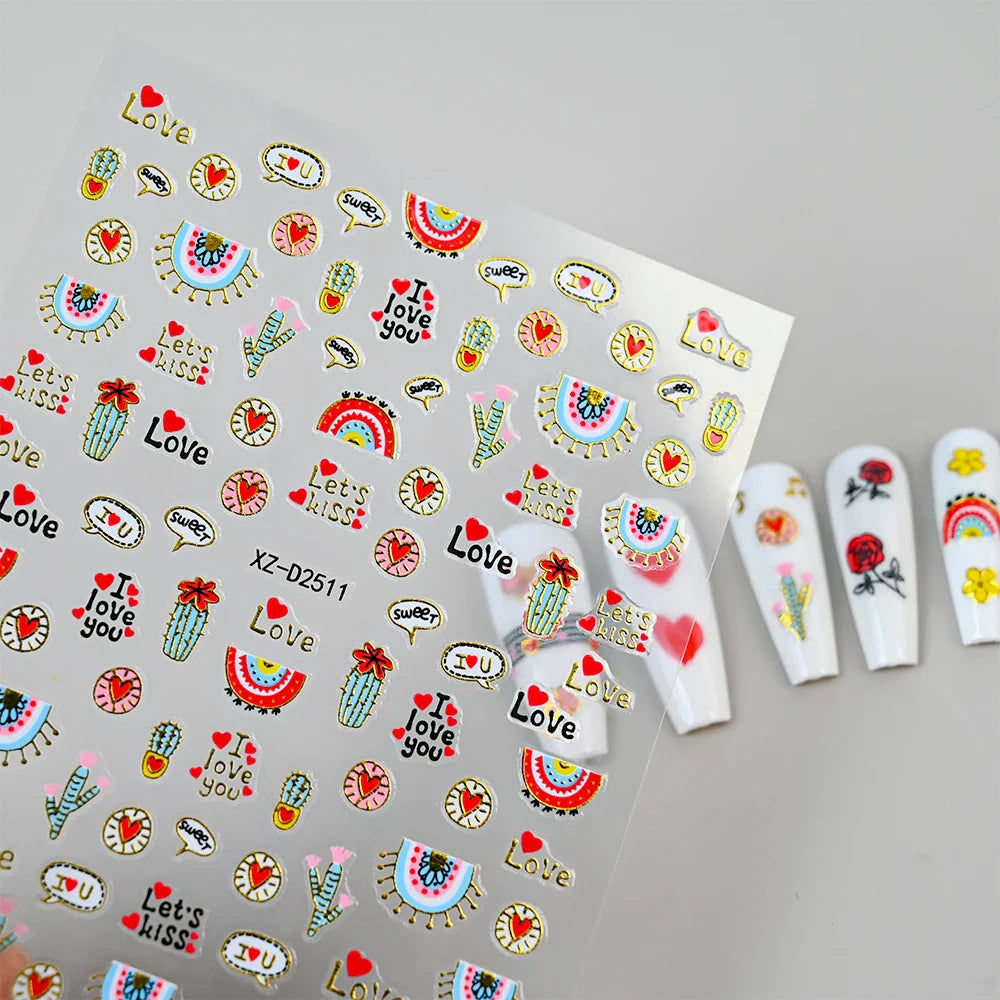 12Pcs 3D Golden Red Glitter Heart Love Nail Sticker Valentine Self Adhesive Cartoon Decal Geometry Lines Stripe Slider Manicure* (ONLINE ORDER ONLY)
