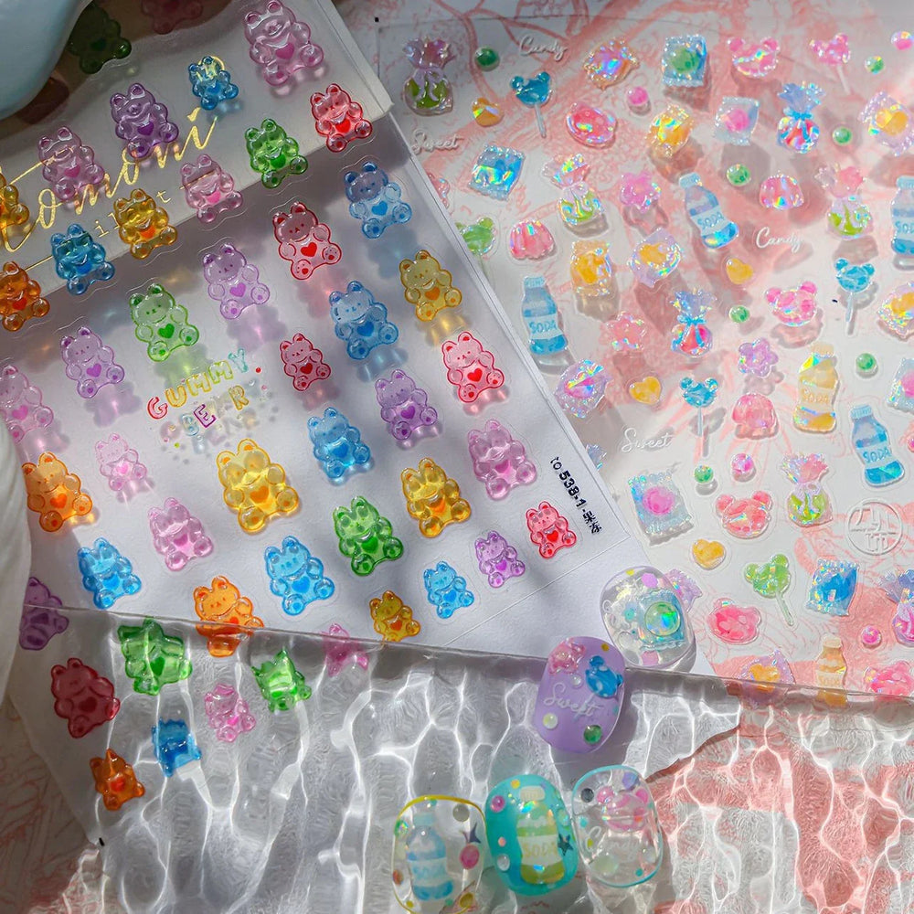 Colourful Jelly Rabbit Bunny Gummy Bear Cute Lollipop Soda Water Candy Snack Pudding Star Heart Nail Art Stickers Manicure Decal (ONLINE ORDER ONLY)