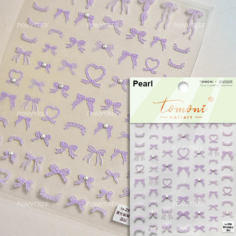 Chic Shiny Lace Pink Black White Bowknot Pearl Rhinestones Charming 3D Self Adhesive Nail Art Decoration Sticker Manicure Decals (Online Order Only)