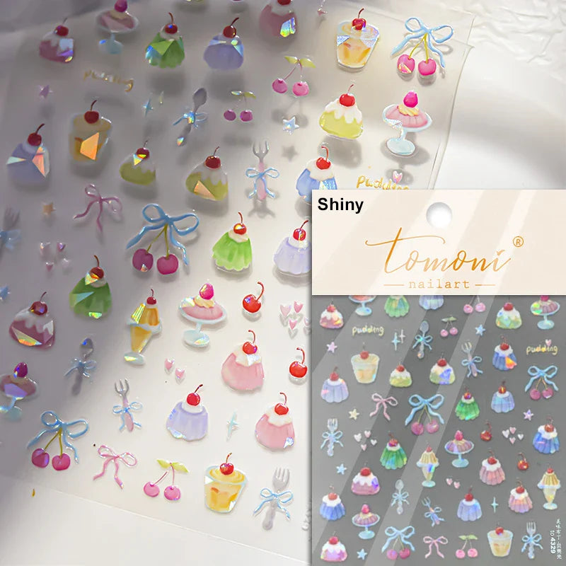 Chic Cute Cheese Ice Cream Pudding Bowknot Strawberry Muffin Stars Cake Embossed Heart Adhesive Nail Art Sticker Manicure Decals (ONLINE ORDER ONLY)
