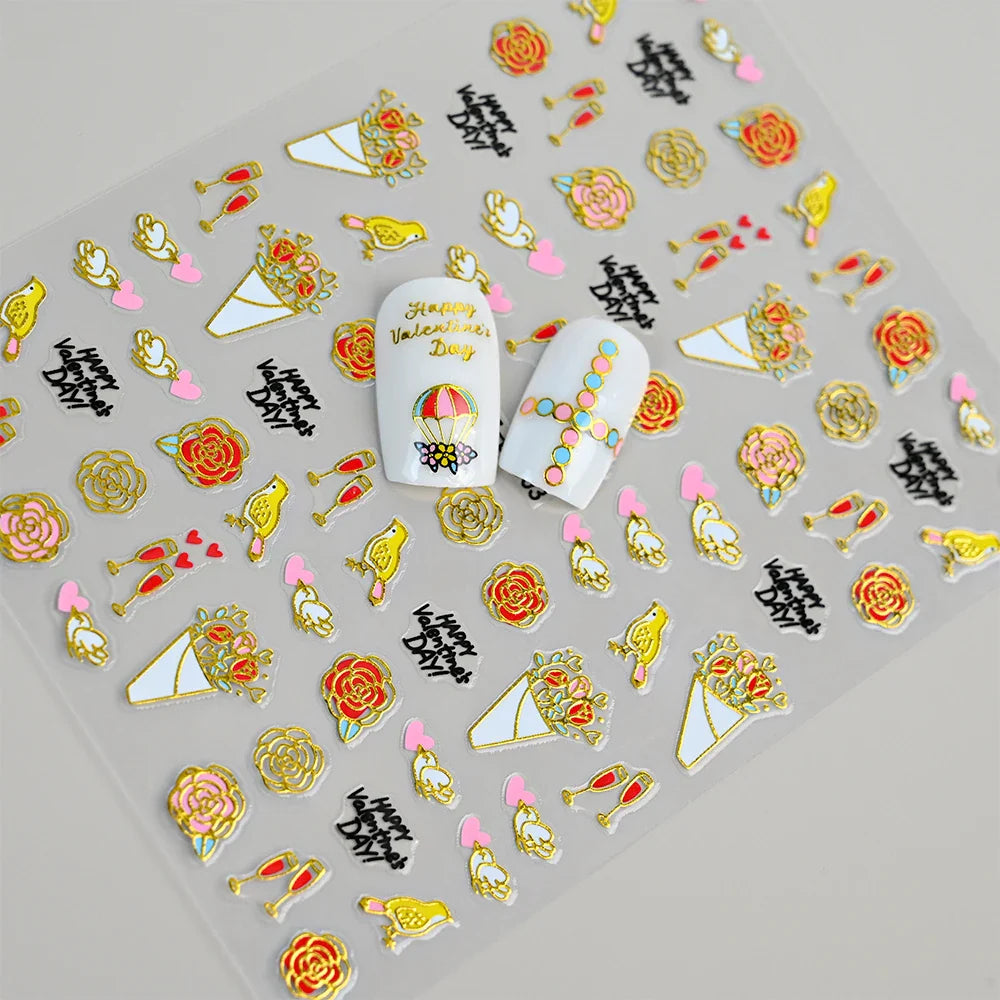12Pcs 3D Golden Red Glitter Heart Love Nail Sticker Valentine Self Adhesive Cartoon Decal Geometry Lines Stripe Slider Manicure* (ONLINE ORDER ONLY)