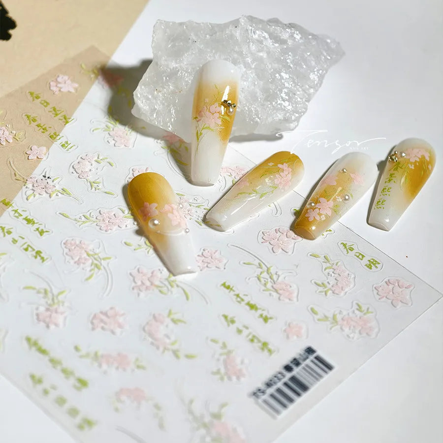 Mountain Flower Peach Blossom Vibrant Flowers Green Leaves Antique Chic Self Adhesive Nail Art Stickers Spring 3D Manicure Decal (ONLINE ORDER ONLY)