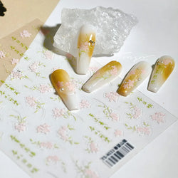 Mountain Flower Peach Blossom Vibrant Flowers Green Leaves Antique Chic Self Adhesive Nail Art Stickers Spring 3D Manicure Decal (ONLINE ORDER ONLY)